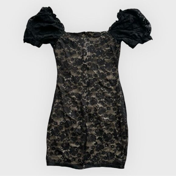 Lulus Fetching & Flirty Black Lace Puff Sleeve Bodycon Chic Mini Dress Medum - Picture 2 of 5